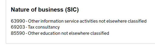 Screenshot of text from a companies house record. It shows several SIC codes which are numerical codes that have definitions of different types of businesses attached.